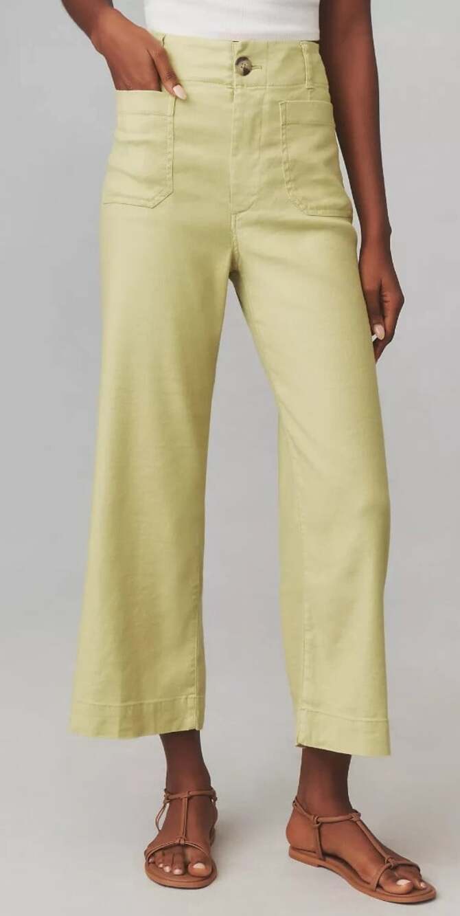 Anthropologie Women 26 Colette Wide Leg Pants Linen Lime Green Ankle Autumn Fall